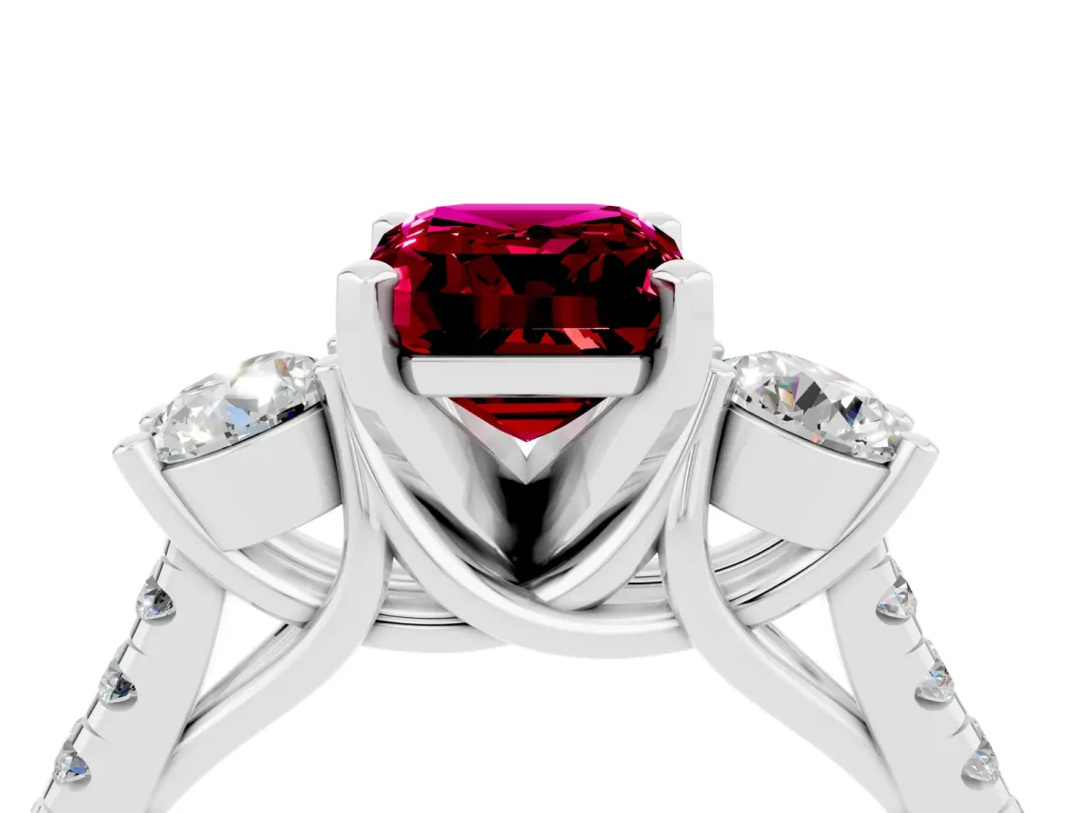 Three-Stone Emerald Cut Garnet Pavé Band with Four-Prong Setting Silver