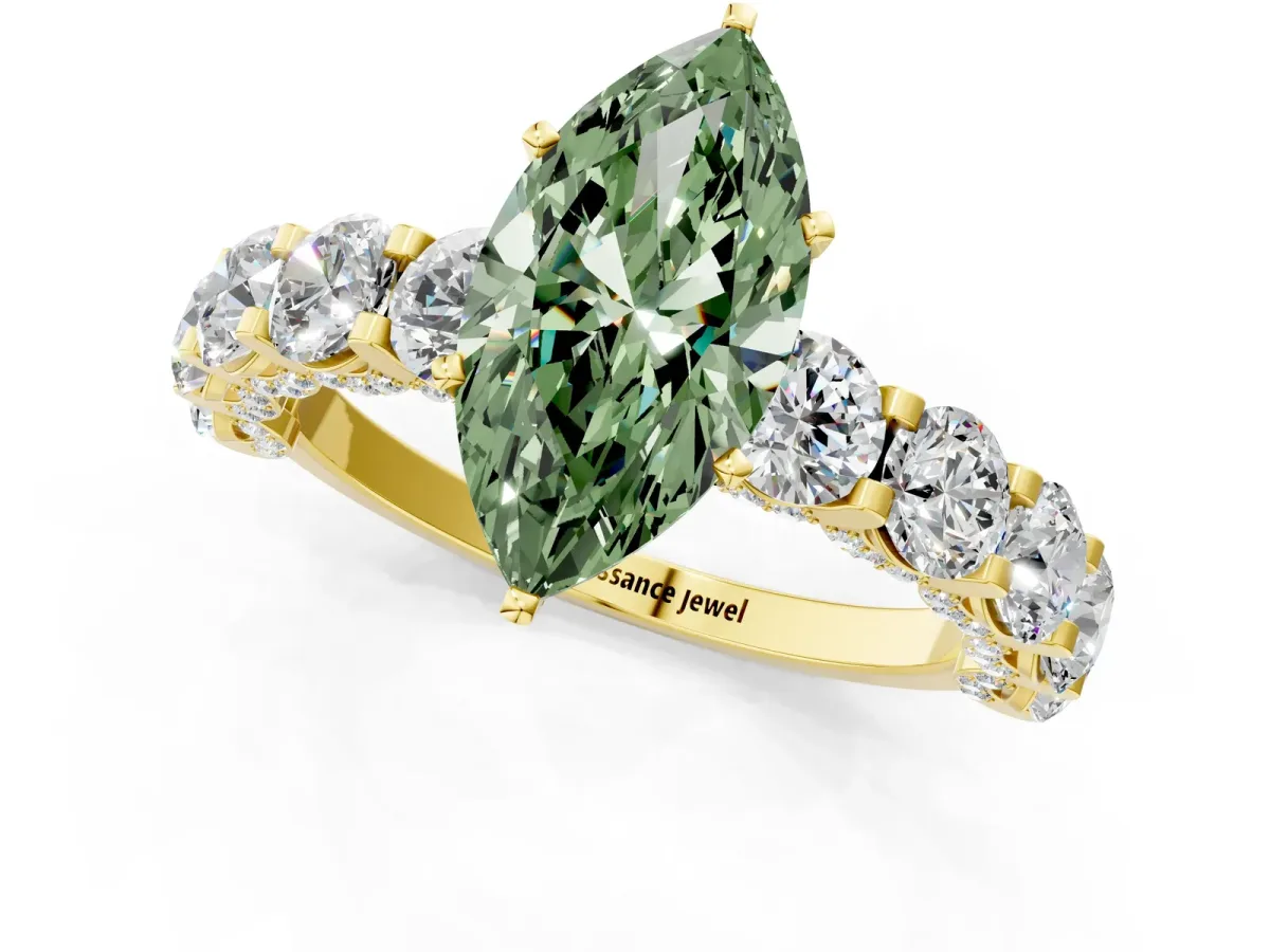 Fancy Green Marquise Cut Diamond Side Stone Engagement Ring with Four-Prong Setting Yellow gold