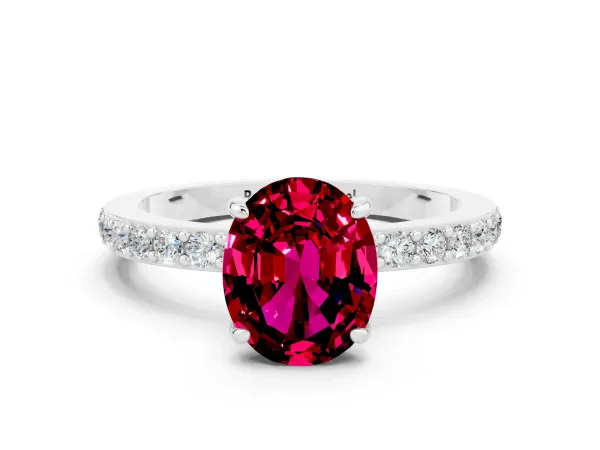 Oval Cut Garnet Solitaire Engagement Ring with Pavé Band and Four-Prong Setting Platinum