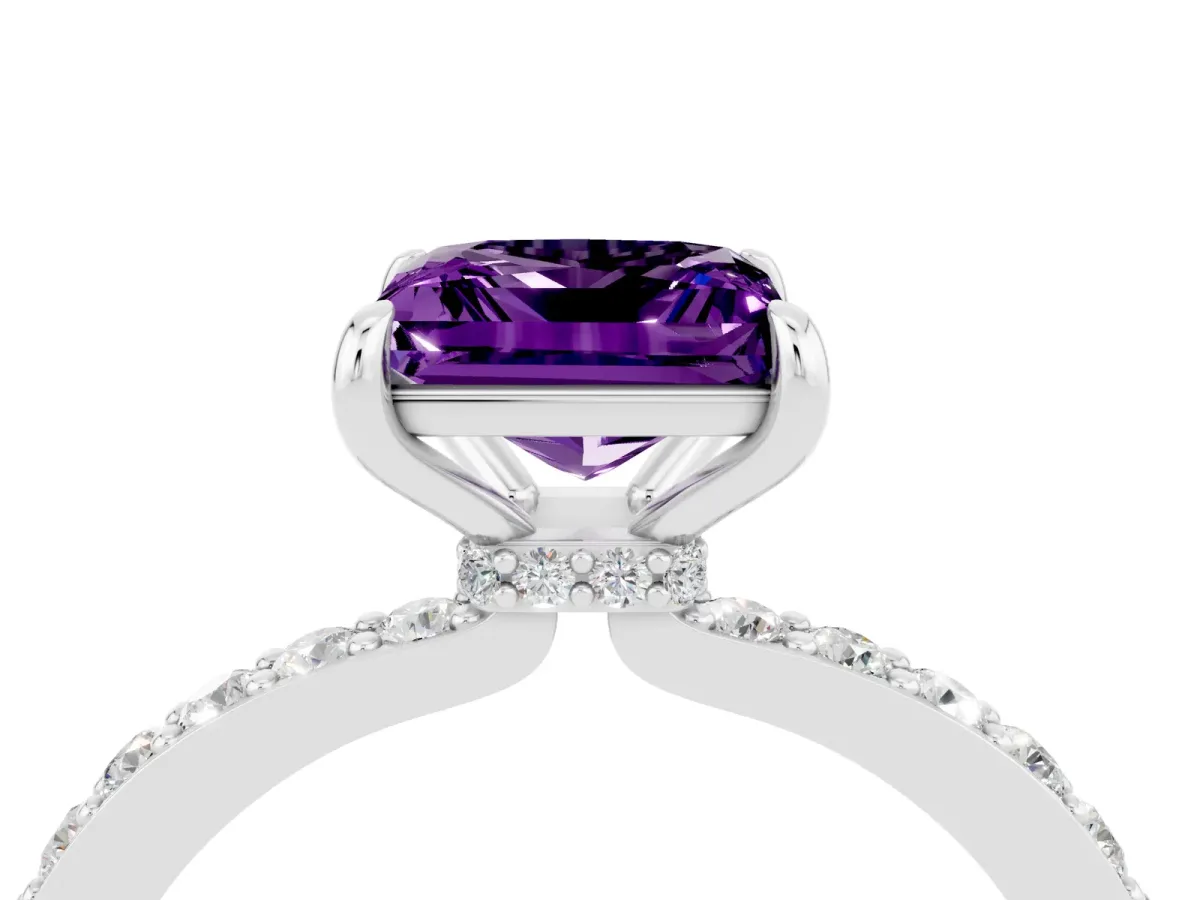 Princess Cut Amethyst Solitaire Engagement Ring with Pavé Band and Four-Prong Setting White gold
