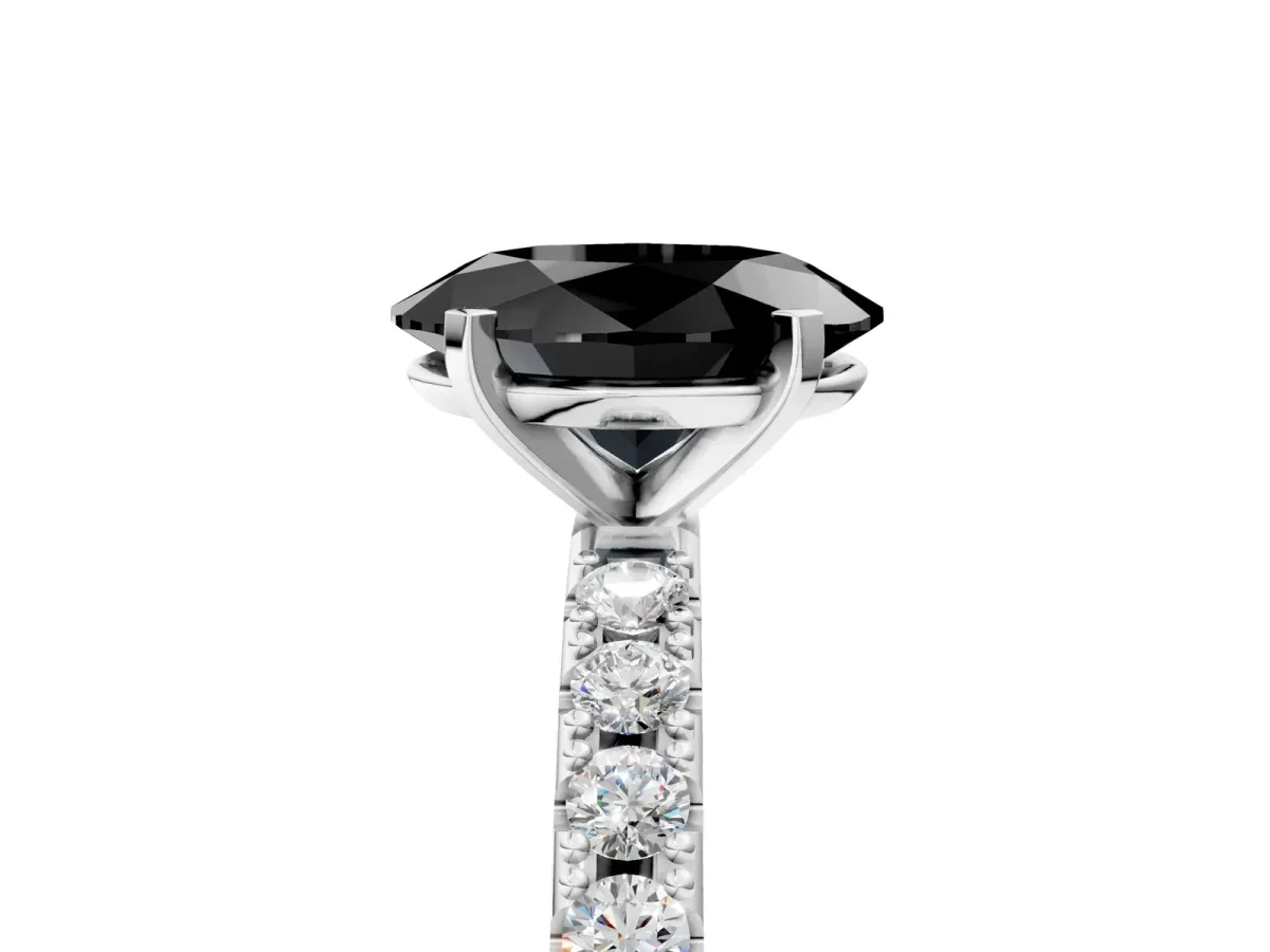 Fancy Black Oval Cut Diamond Solitaire Pavé Band with Four-Prong Setting Silver