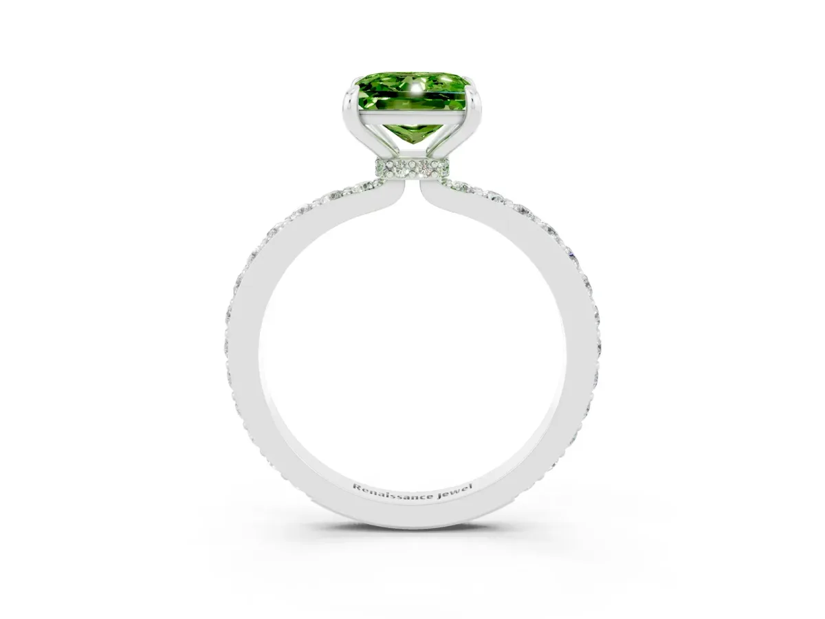 Princess Cut Peridot Solitaire Engagement Ring with Pavé Band and Four-Prong Setting White gold