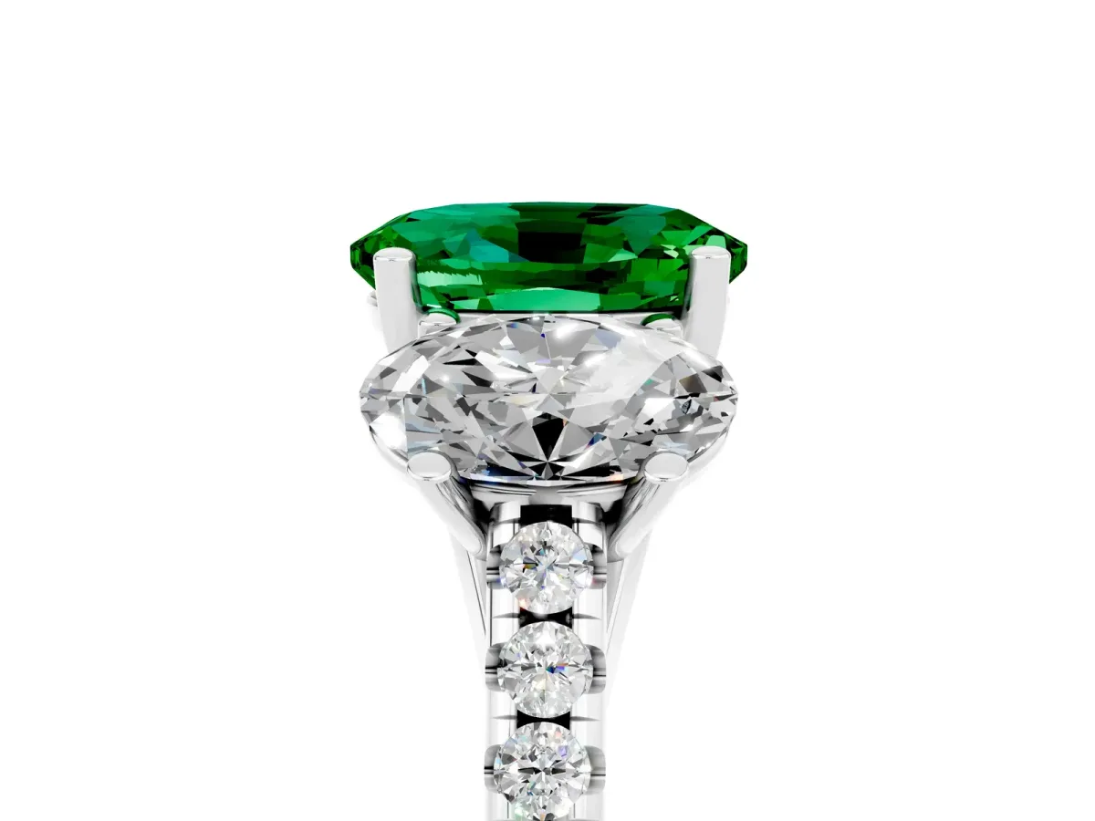 Three-Stone Oval Cut Emerald Ring with Round Pavé Band and Prong Setting Silver