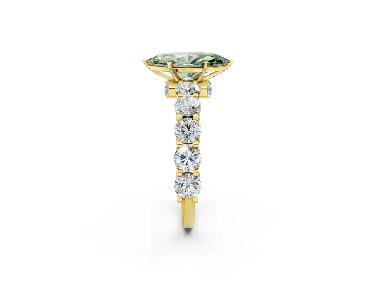 Fancy Green Marquise Cut Diamond Side Stone Engagement Ring with Four-Prong Setting Yellow gold