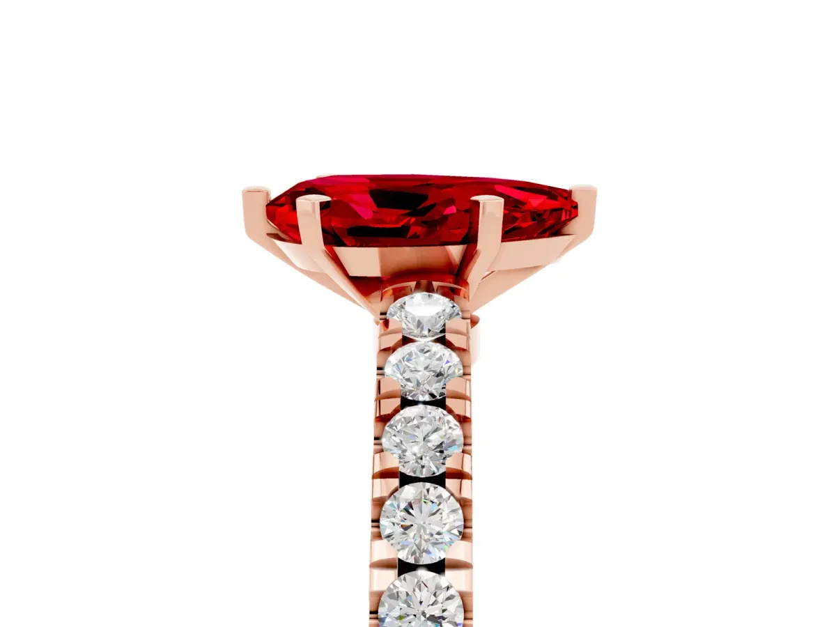 Pear Cut Solitaire Ruby with Pavé Band and Four-Prong Setting Rose gold