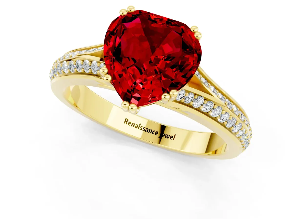 Heart Cut Ruby Split Shank Engagement Ring with Pavé Band Yellow gold