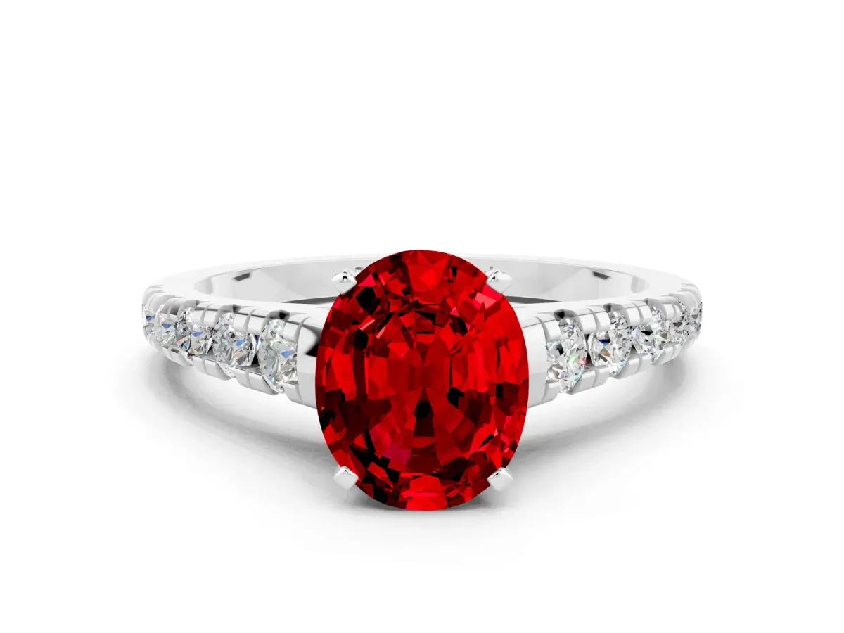 Oval Cut Ruby Cathedral Solitaire Ring with Round Pavé Band White gold