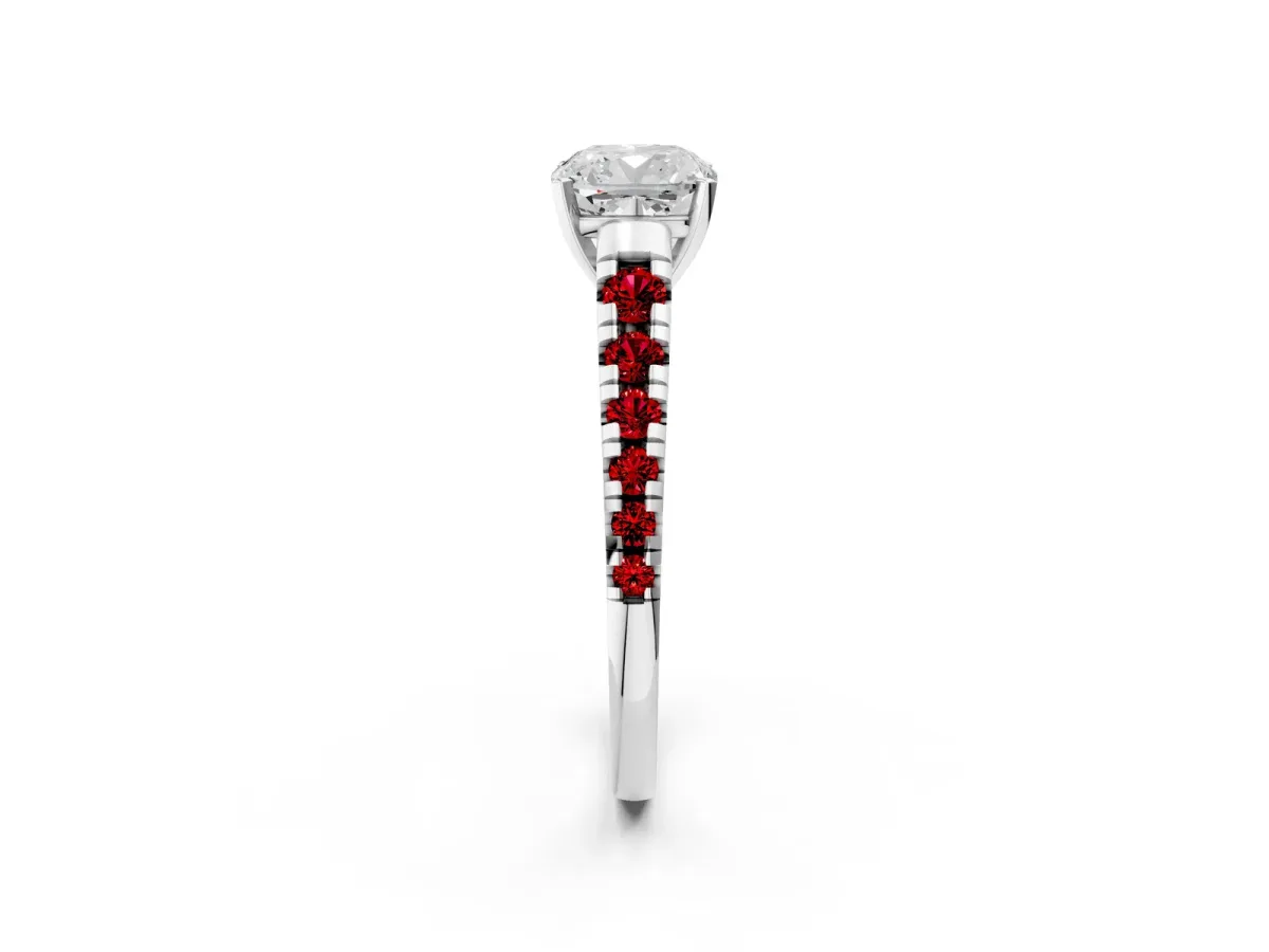 Cushion Cut Diamond Cathedral Solitaire Ring with Round Ruby Pavé Band Platinum