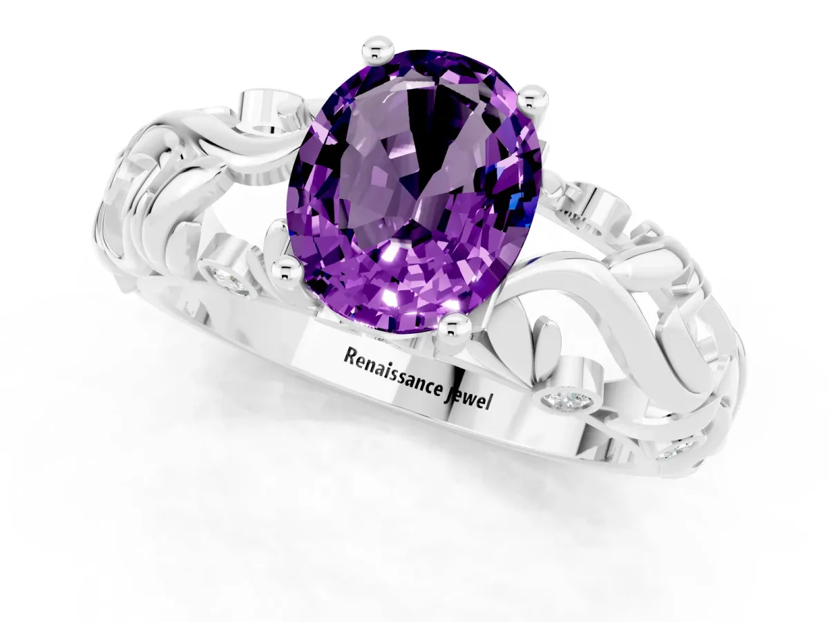 Oval Cut Solitaire Amethyst Leaf-Inspired Vine Band Ring with Prong Setting White gold