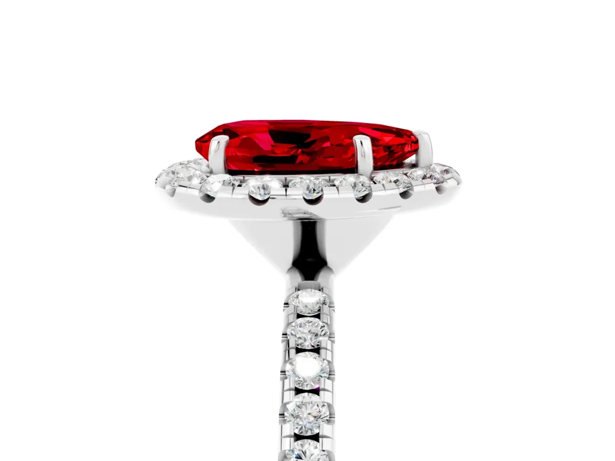 Pear Cut Ruby Halo Ring with Round Pavé Band and Prong Setting Platinum