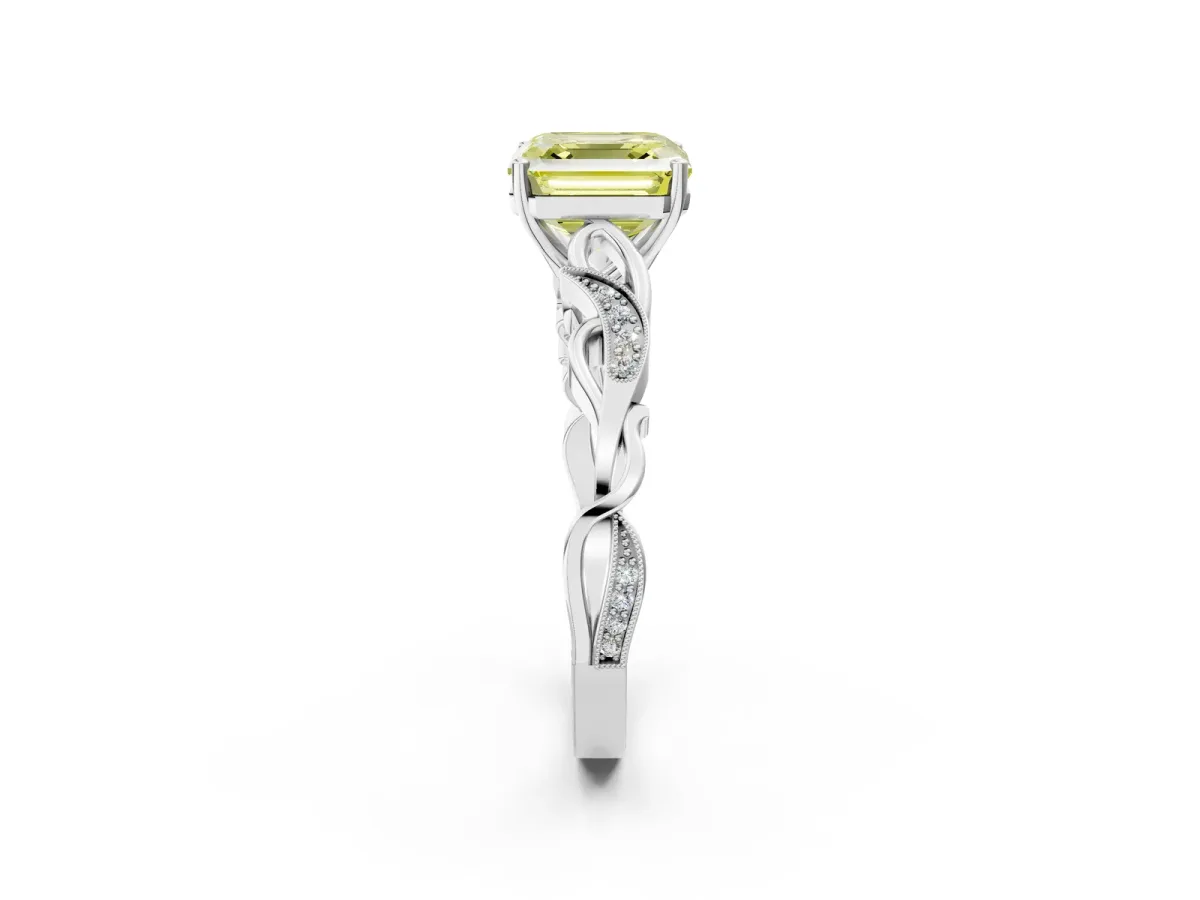 Fancy Yellow Asscher Cut Solitaire Vine Band with Milgrain Prong Setting Platinum