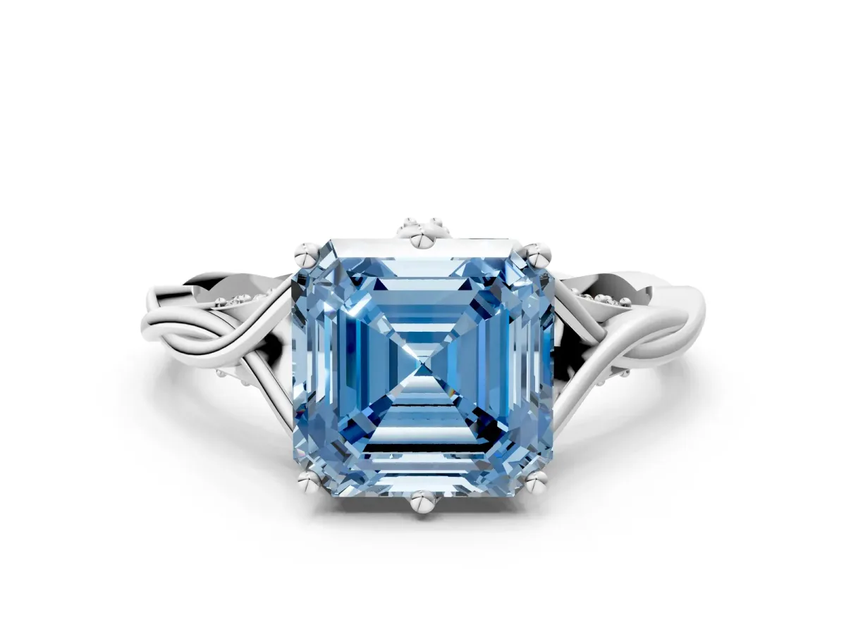 Fancy Blue Asscher Cut Solitaire Twist Band Six-Prong Setting Platinum