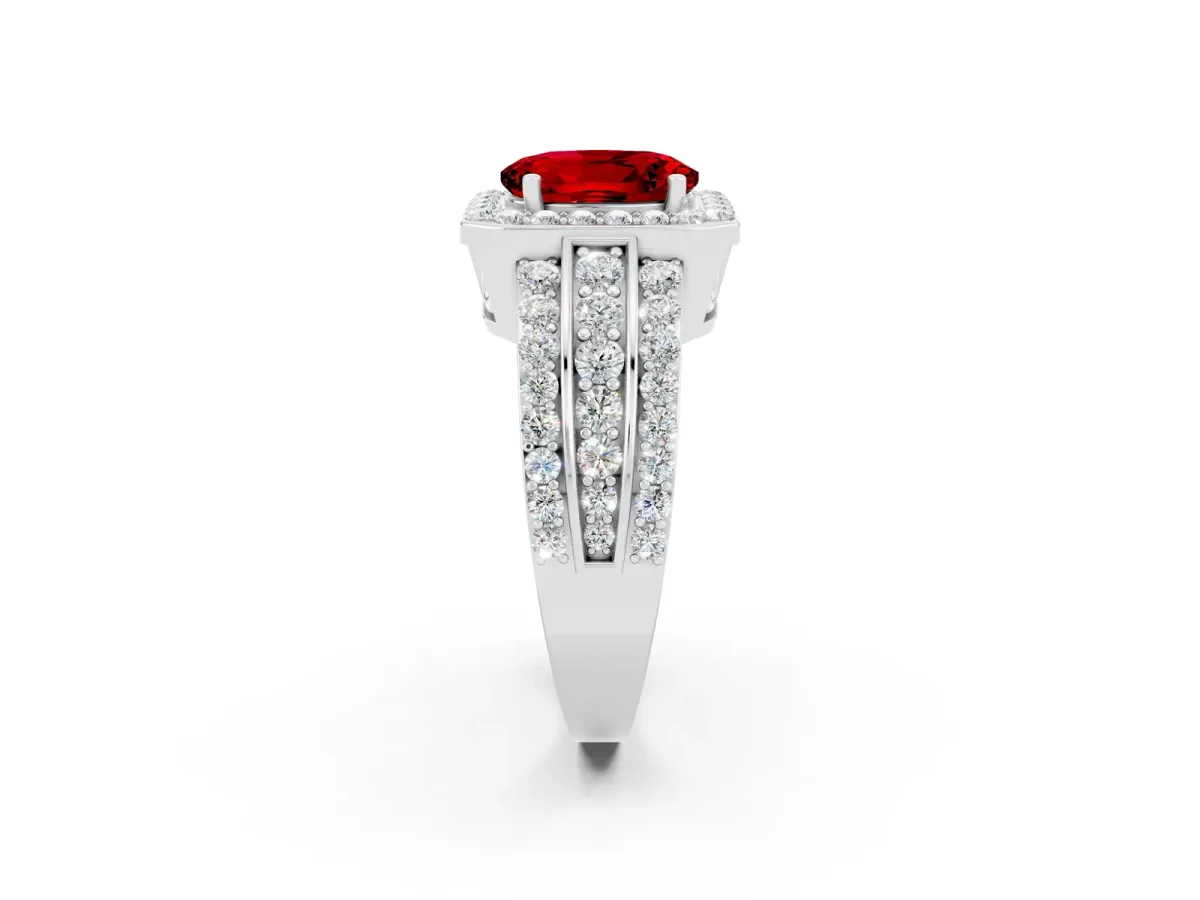 Oval Cut Halo Ruby Ring with Round Split Shank and Prong Setting Platinum