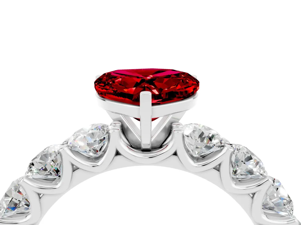 Heart Cut Ruby Prong Setting with Side Stones on a Pave Band Silver