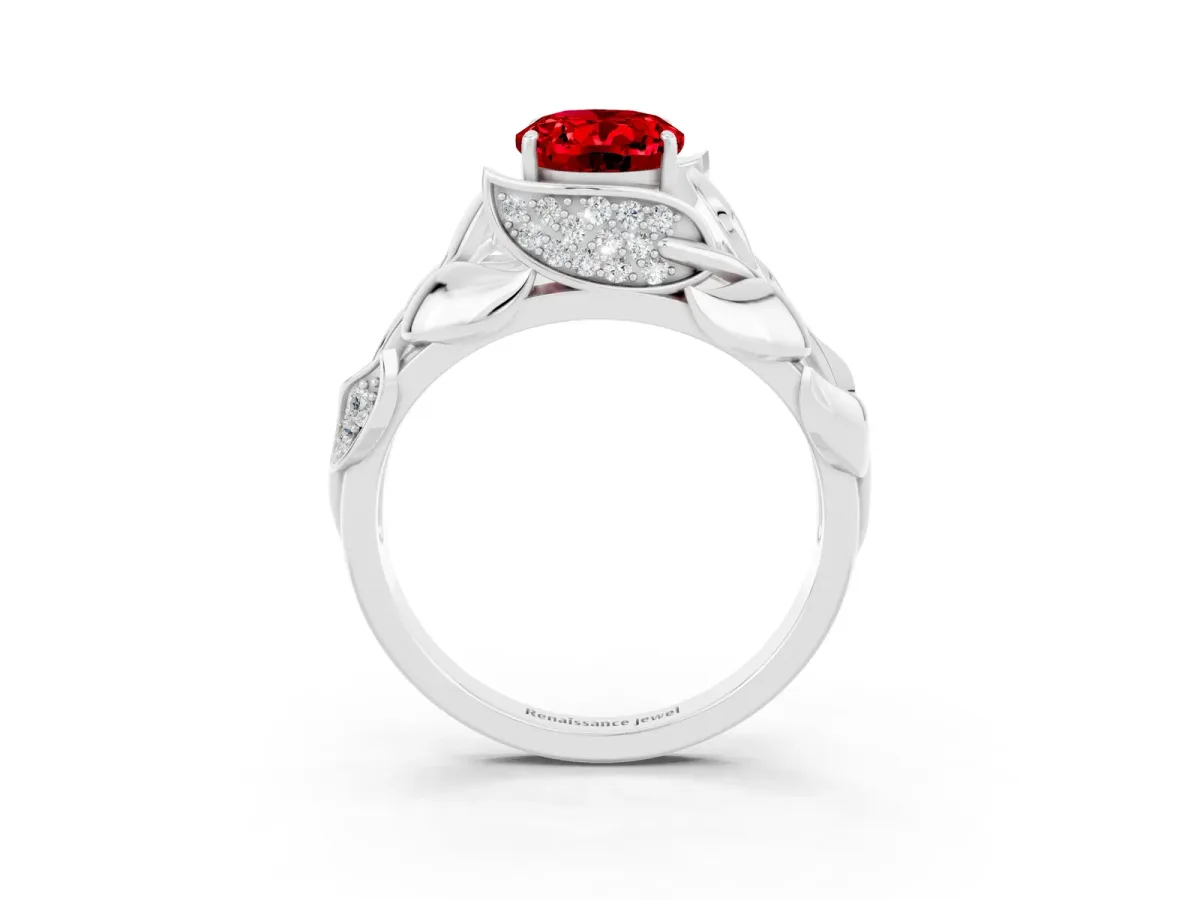 Oval Cut Ruby Leaf-Inspired Engagement Ring with Round Accents and Prong Setting Platinum