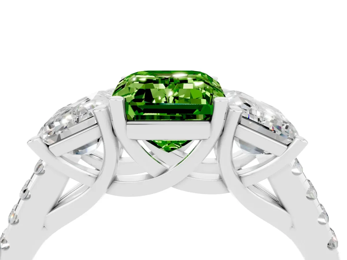 Three-Stone Emerald Cut Peridot Ring with Round Pavé Band and Prong Setting Platinum