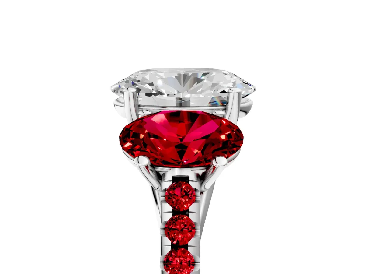 Three-Stone Oval Cut Diamond Ring with Round Ruby Pavé Band and Prong Setting Silver