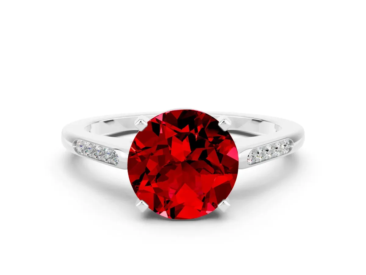 Round Cut Ruby Solitaire Ring with Channel Set Round Band and Prong Setting White gold