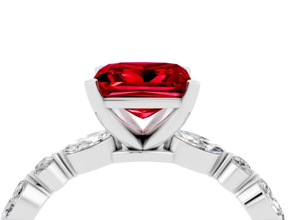 Princess Cut Ruby Ring with Marquise and Round Side Stones and Four-Prong Setting Silver