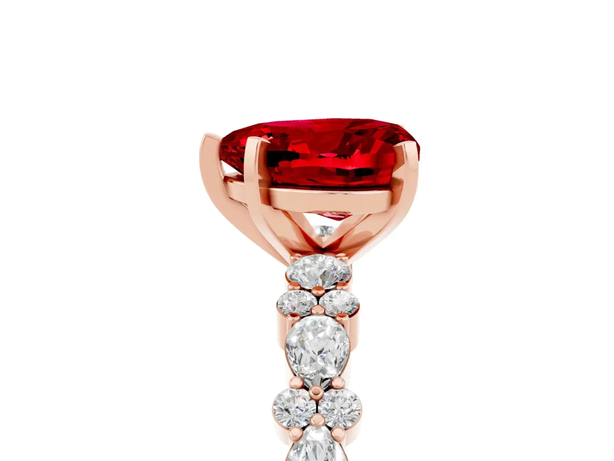 Heart Cut Ruby Side Stone Solitaire Ring with Round and Four-Prong Setting Rose gold
