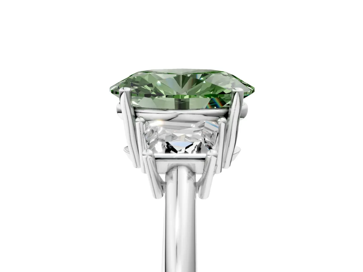 Fancy Green Oval Cut Diamond Three-Stone Ring with Trapezoid Side Stones and Prong Setting Silver