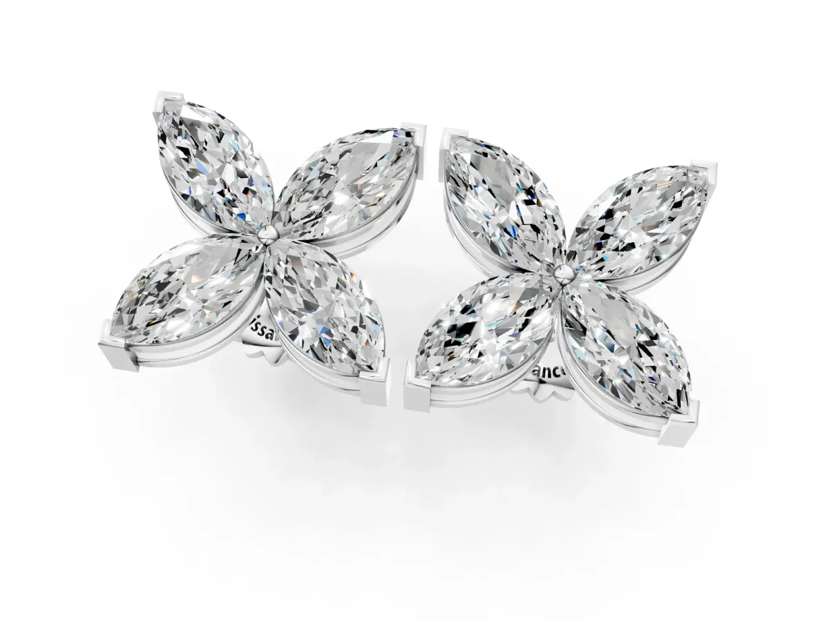 Marquise Cut Diamond Flower Stud Earrings Silver