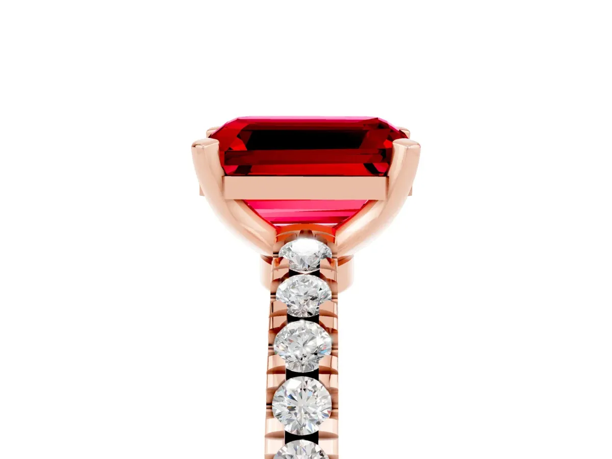 Emerald Cut Solitaire Ruby with Pavé Band and Four-Prong Setting Rose gold