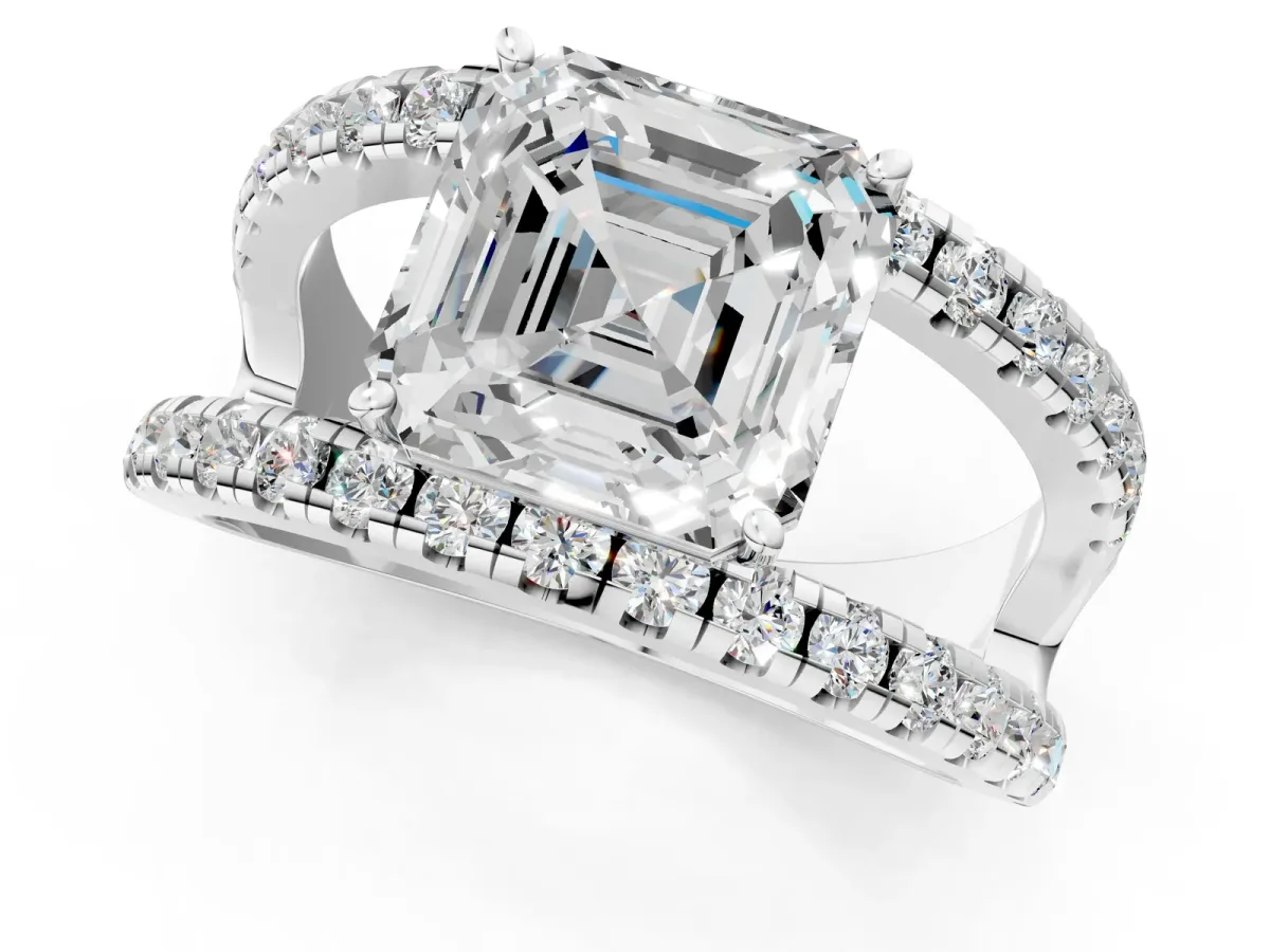 Asscher Cut Solitaire Split Shank Pave Diamond Ring Platinum
