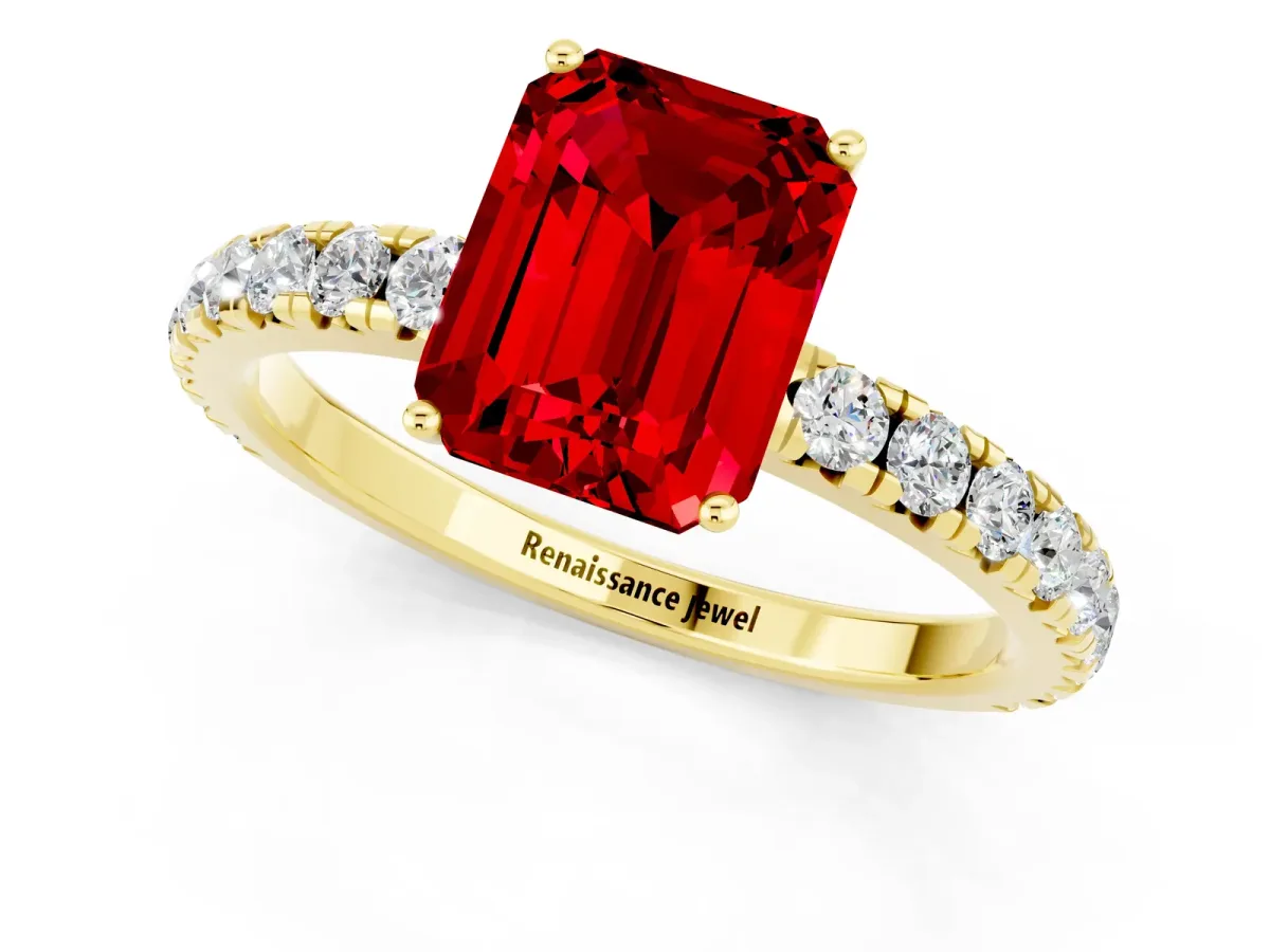Emerald Cut Ruby Pavé Solitaire Engagement Ring with Four-Prong Setting Yellow gold