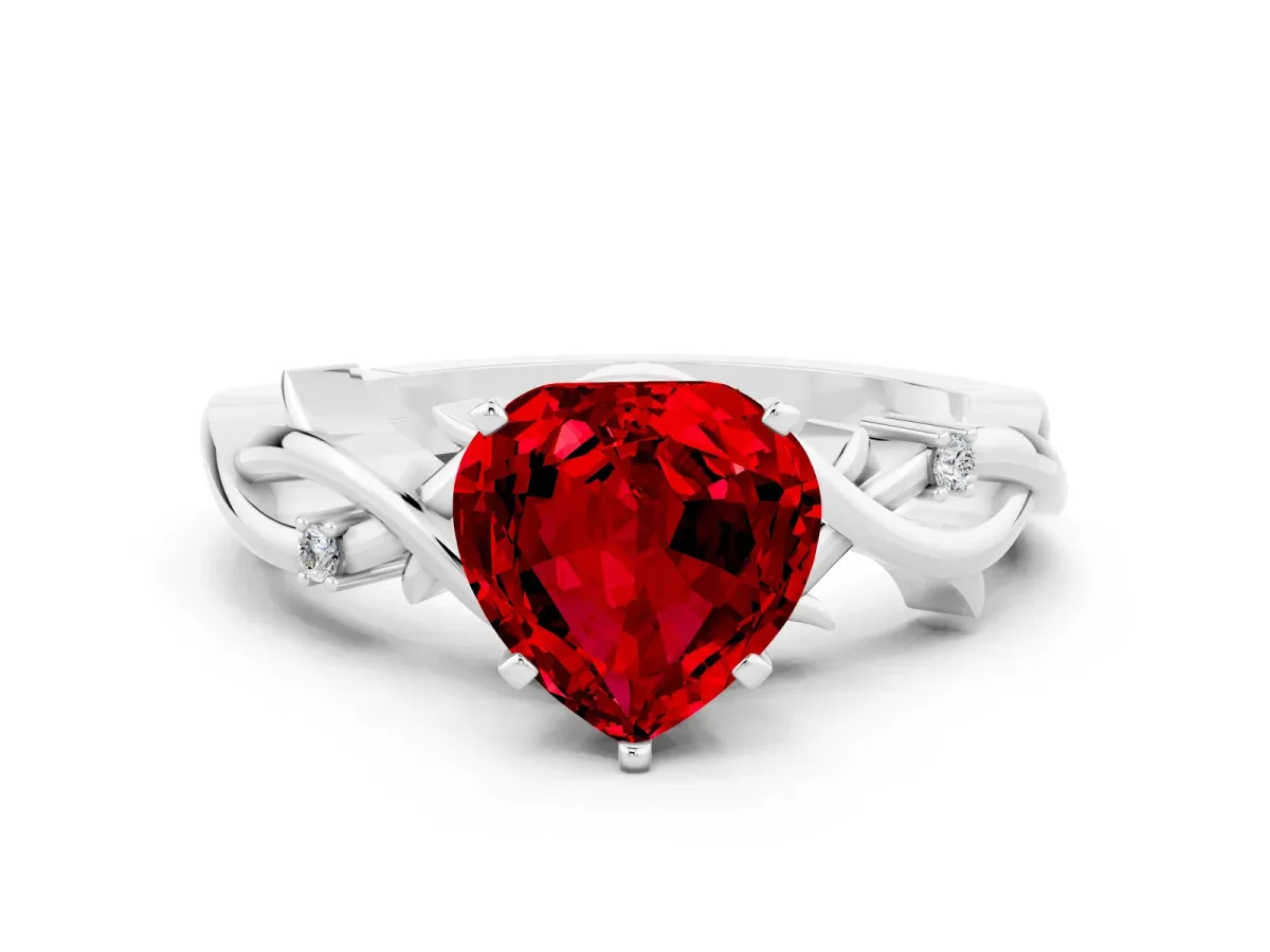 Heart Cut Ruby Solitaire Ring with Twisted Band and Prong Setting Platinum