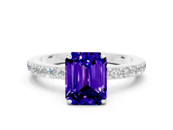 Emerald Cut Tanzanite Solitaire Engagement Ring with Pavé Band and Four-Prong Setting Platinum