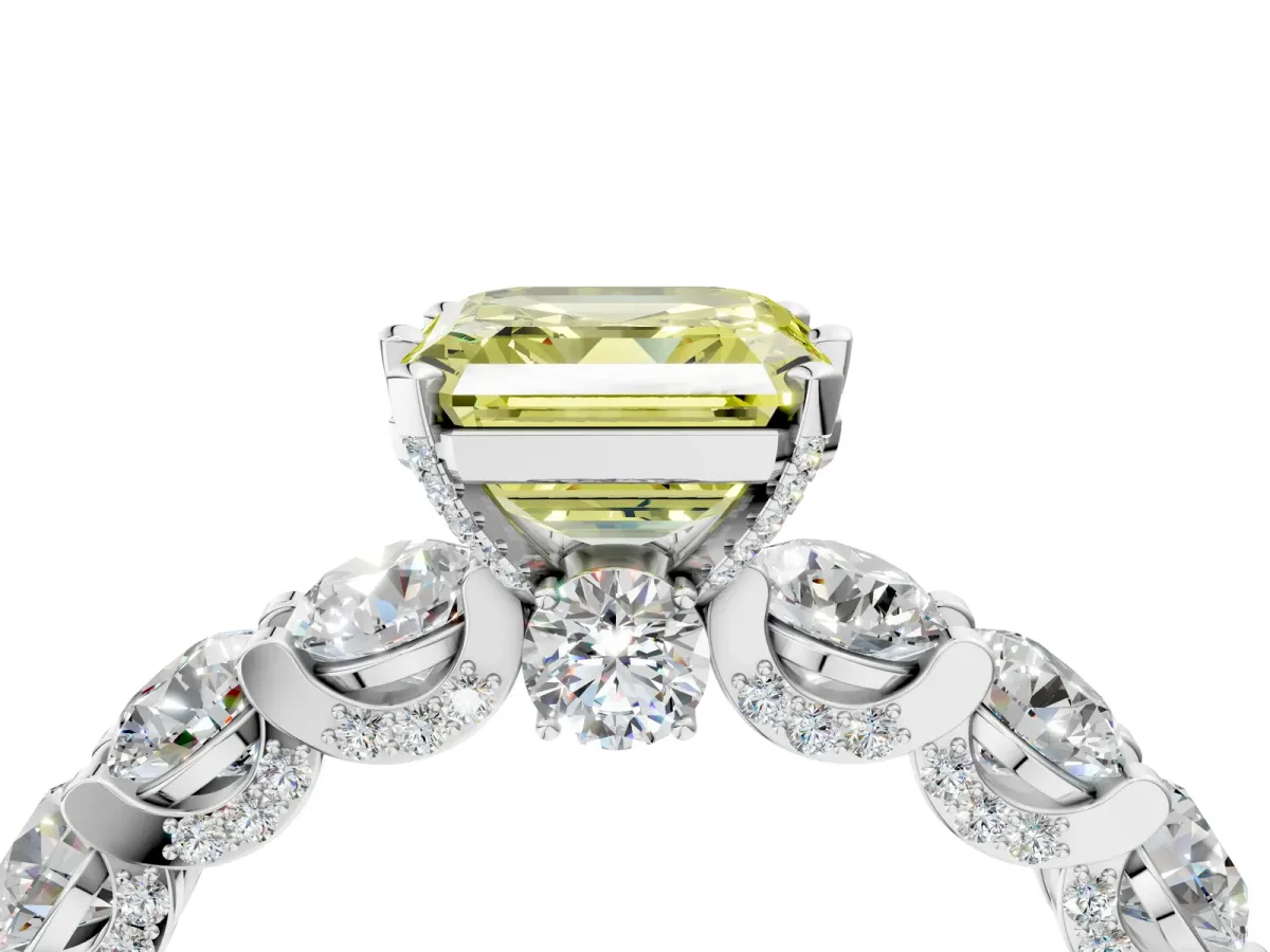 Fancy Yellow Asscher Cut Diamond Side Stone Engagement Ring with Four-Prong Setting White gold