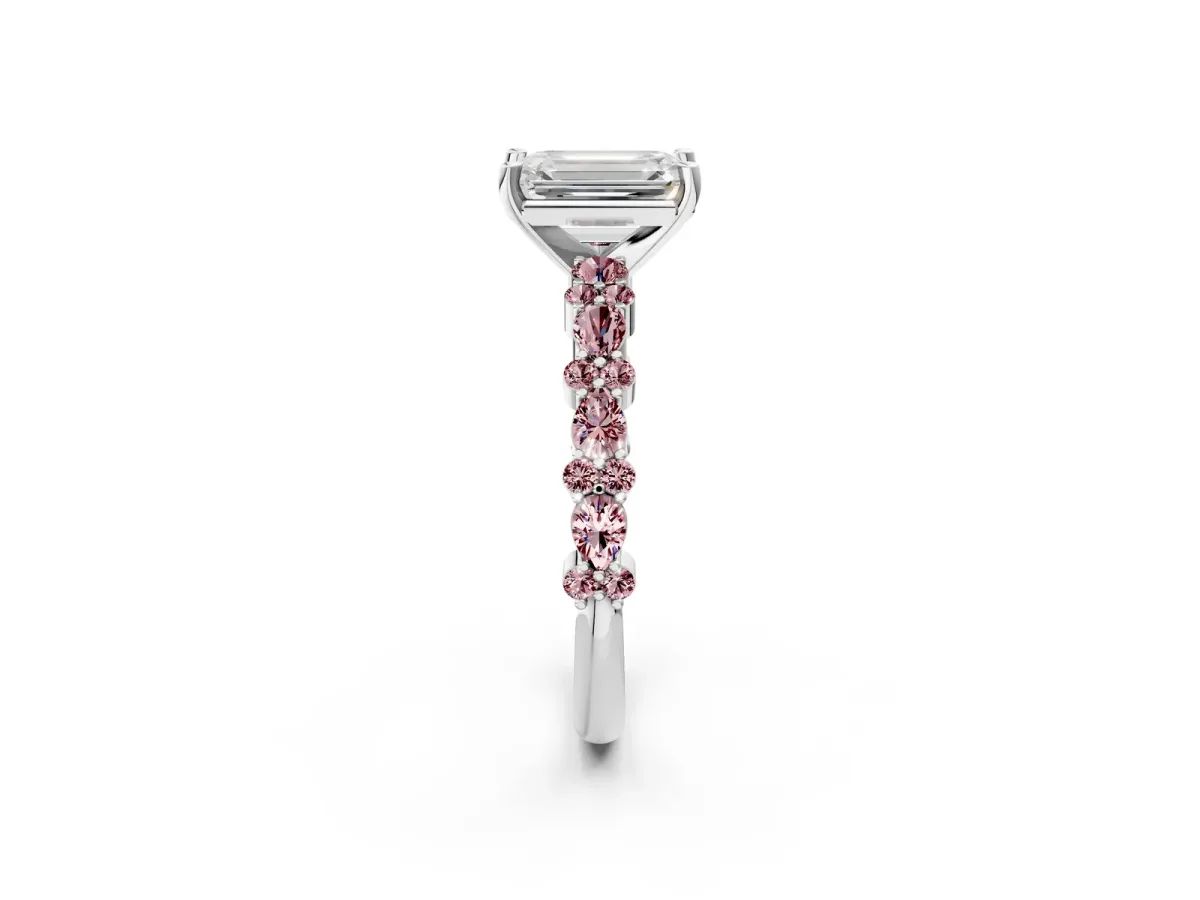 Emerald Cut Diamond Side Stone Solitaire Ring with Round Morganite and Four-Prong Setting Silver