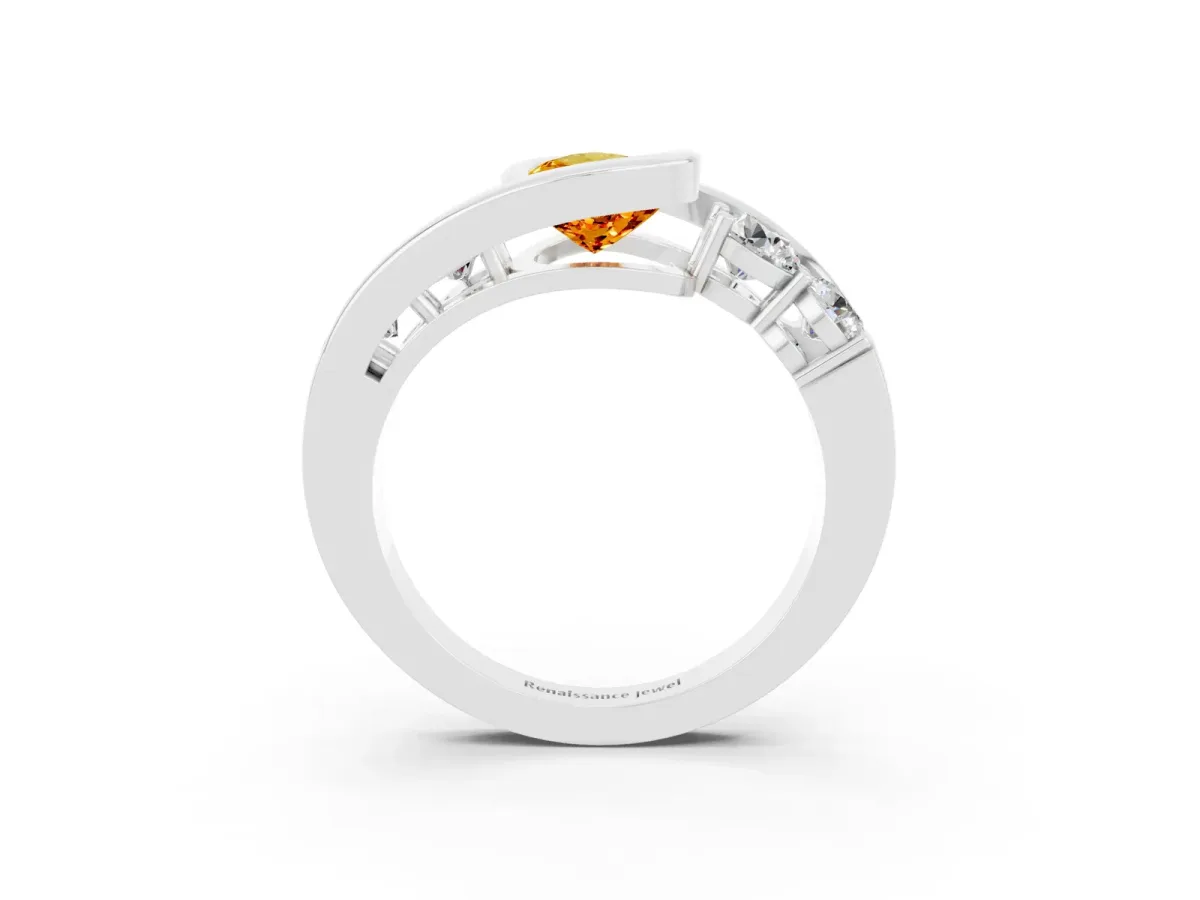 Bezel Set Pear Cut Citrine Bypass Ring with Round Accents Silver