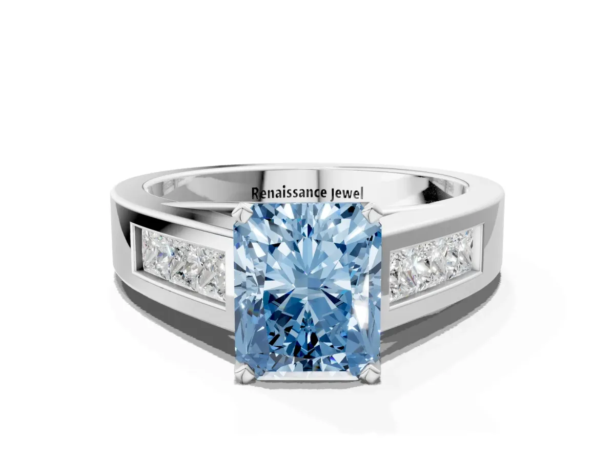 Fancy Blue Radiant Cut Cut Channel Set Solitaire Ring with Four-Prong Setting Silver
