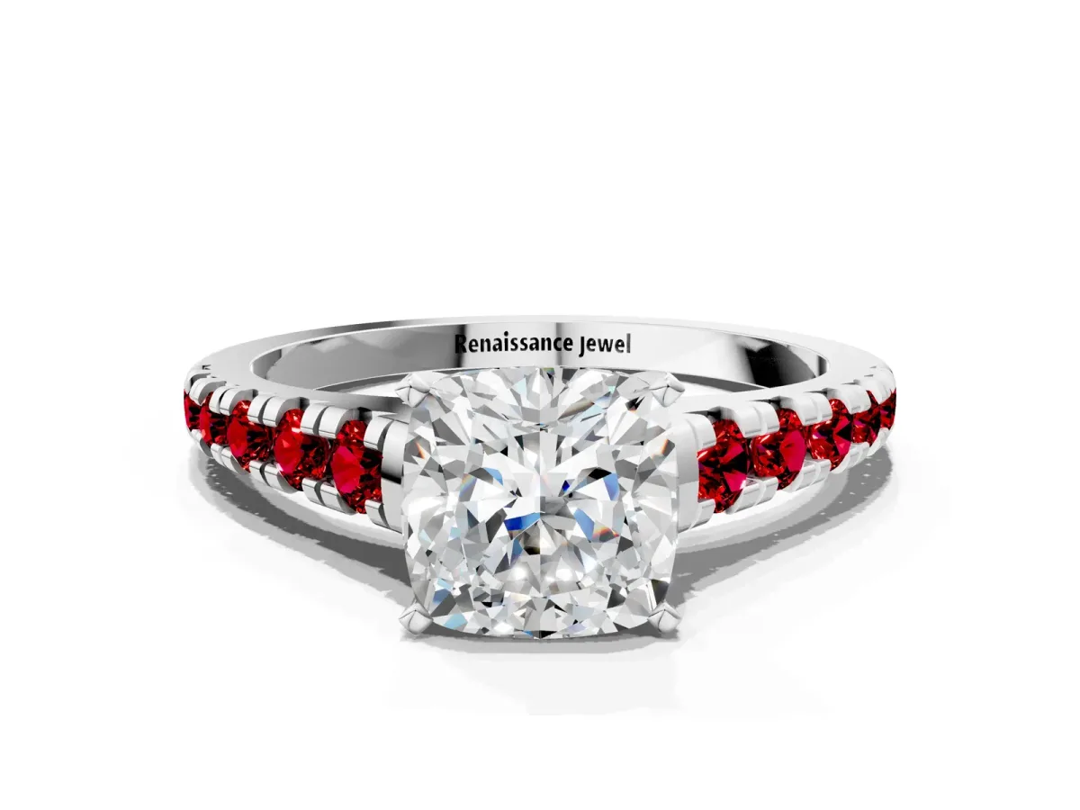 Cushion Cut Diamond Cathedral Solitaire Ring with Round Ruby Pavé Band Platinum