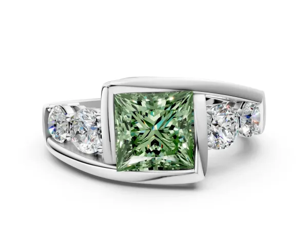 Fancy Green Bezel Set Princess Cut Diamond Bypass Ring with Round Accents Platinum