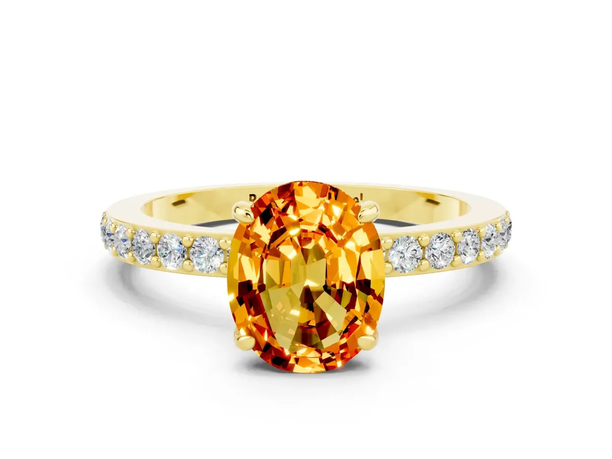 Oval Cut Citrine Solitaire Engagement Ring with Pavé Band and Four-Prong Setting Yellow gold