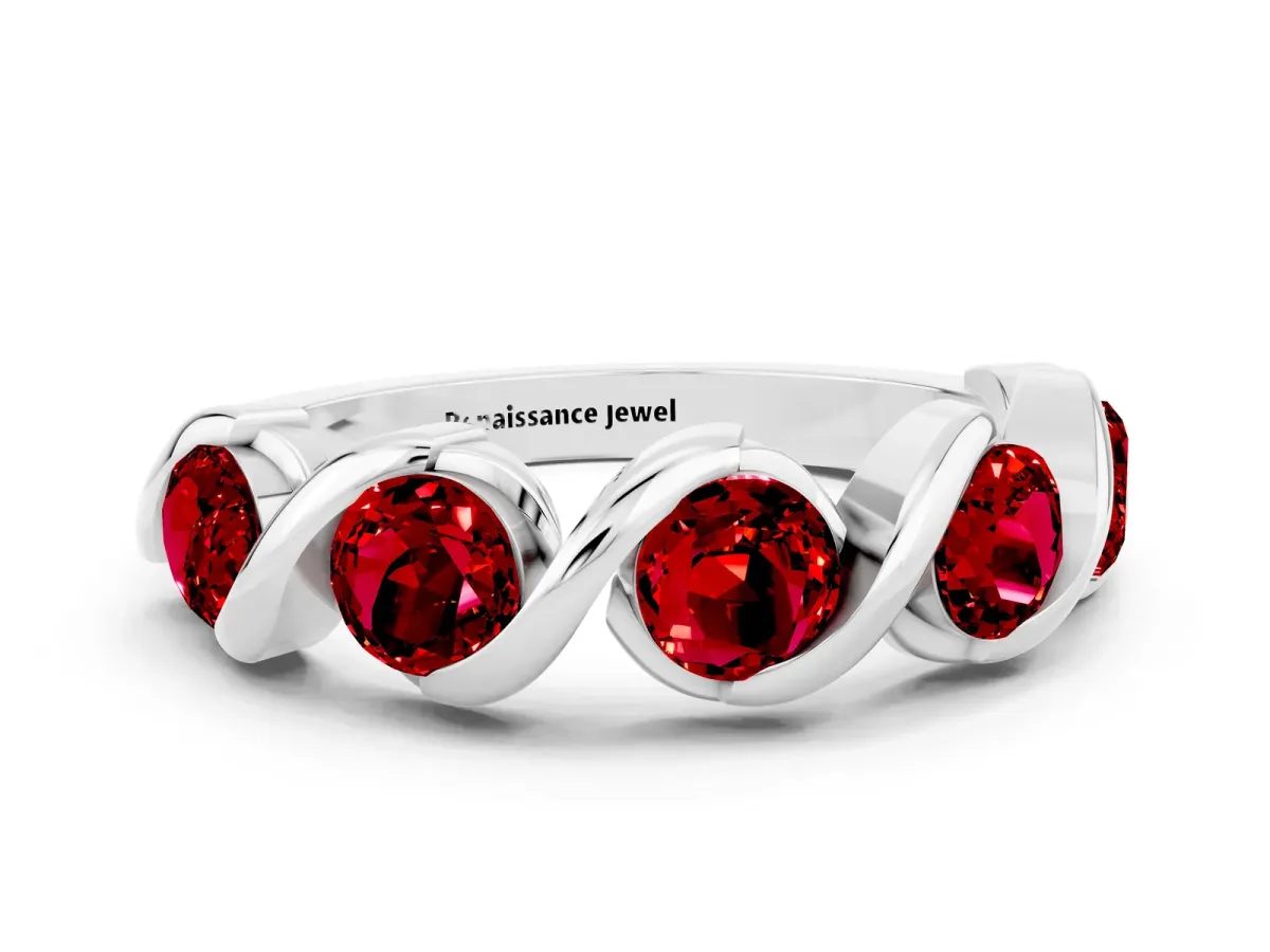 Round Ruby Wave Band with Channel Setting and Shared Prongs White gold