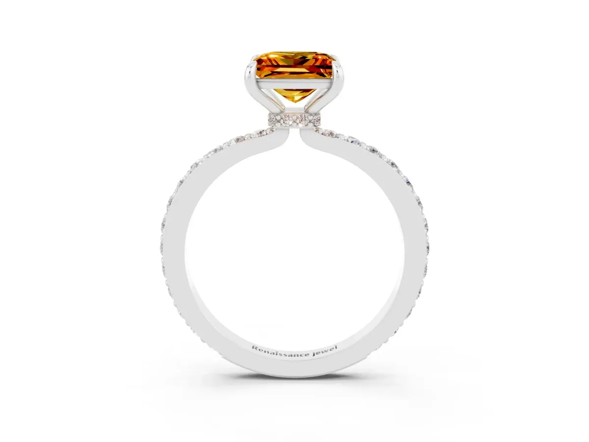 Princess Cut Citrine Solitaire Engagement Ring with Pavé Band and Four-Prong Setting White gold