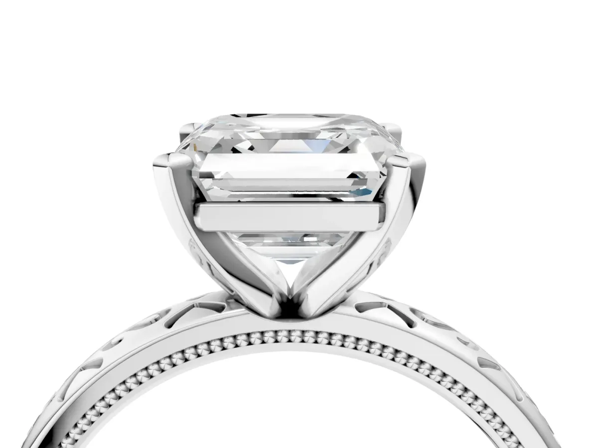 Asscher Cut Solitaire Engagement Ring with Scrollwork Band and Four-Prong Setting Platinum