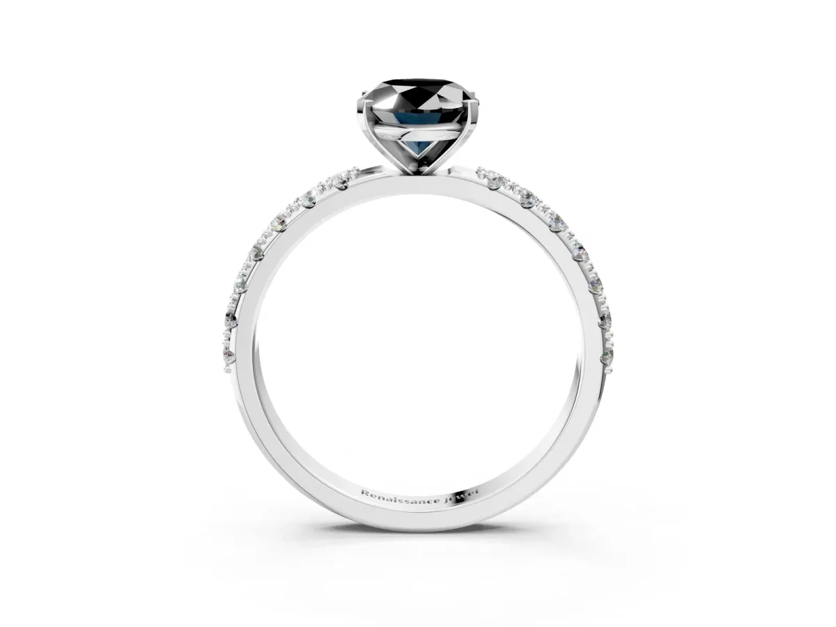 Fancy Black Oval Cut Diamond Solitaire Pavé Band with Four-Prong Setting Silver