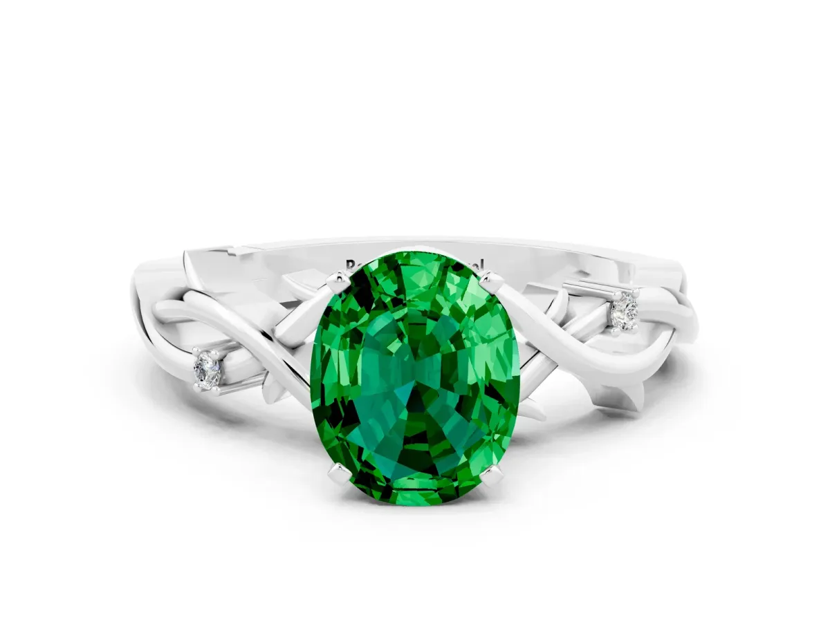 Oval Cut Emerald Solitaire Ring with Twisted Band and Prong Setting Silver