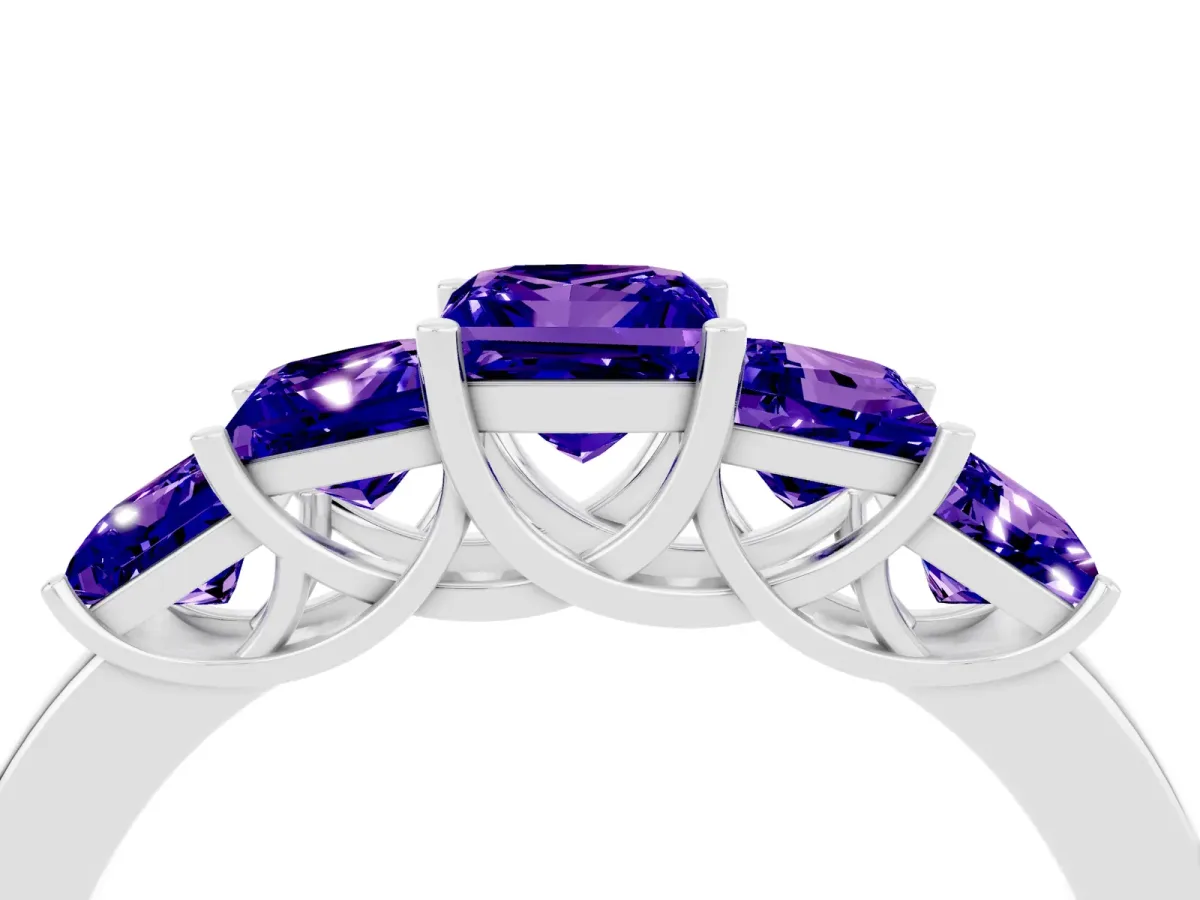 Princess Cut Five-Stone Tanzanite Ring with Classic Prong Setting Platinum