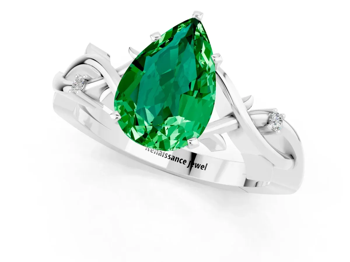 Pear Cut Emerald Solitaire Ring with Twisted Band and Prong Setting Platinum