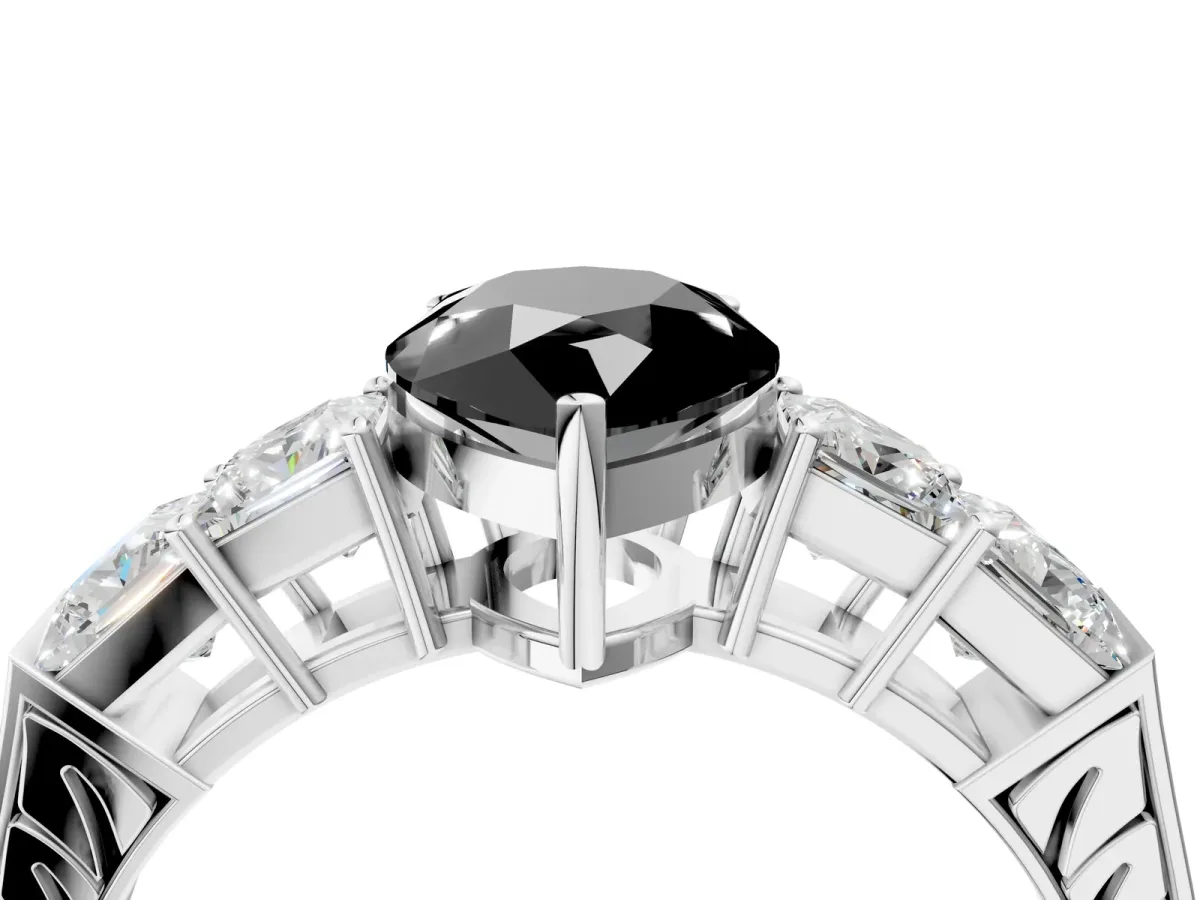 Fancy Black Pear Cut Solitaire Princess Side Stone Engraved Band Prong Setting Ring Silver