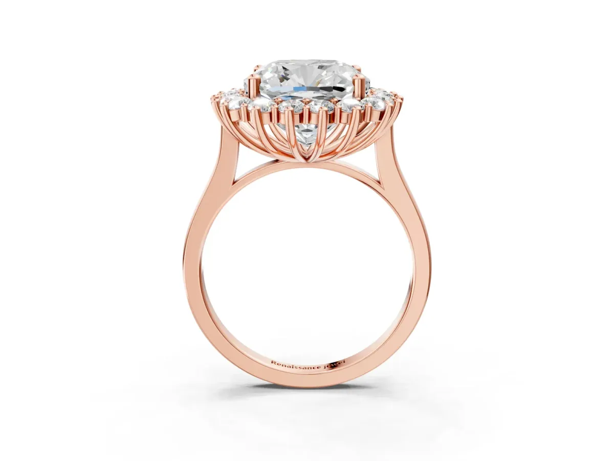 Cushion Diamond Halo Engagement Ring with Round Diamond Accents Rose gold