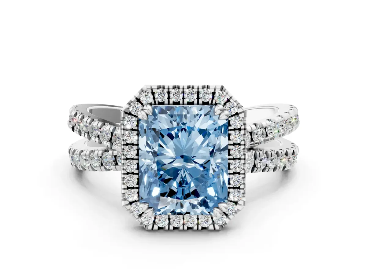 Fancy Blue Radiant Cut Halo Split Shank Diamond Ring with Pavé Setting Platinum