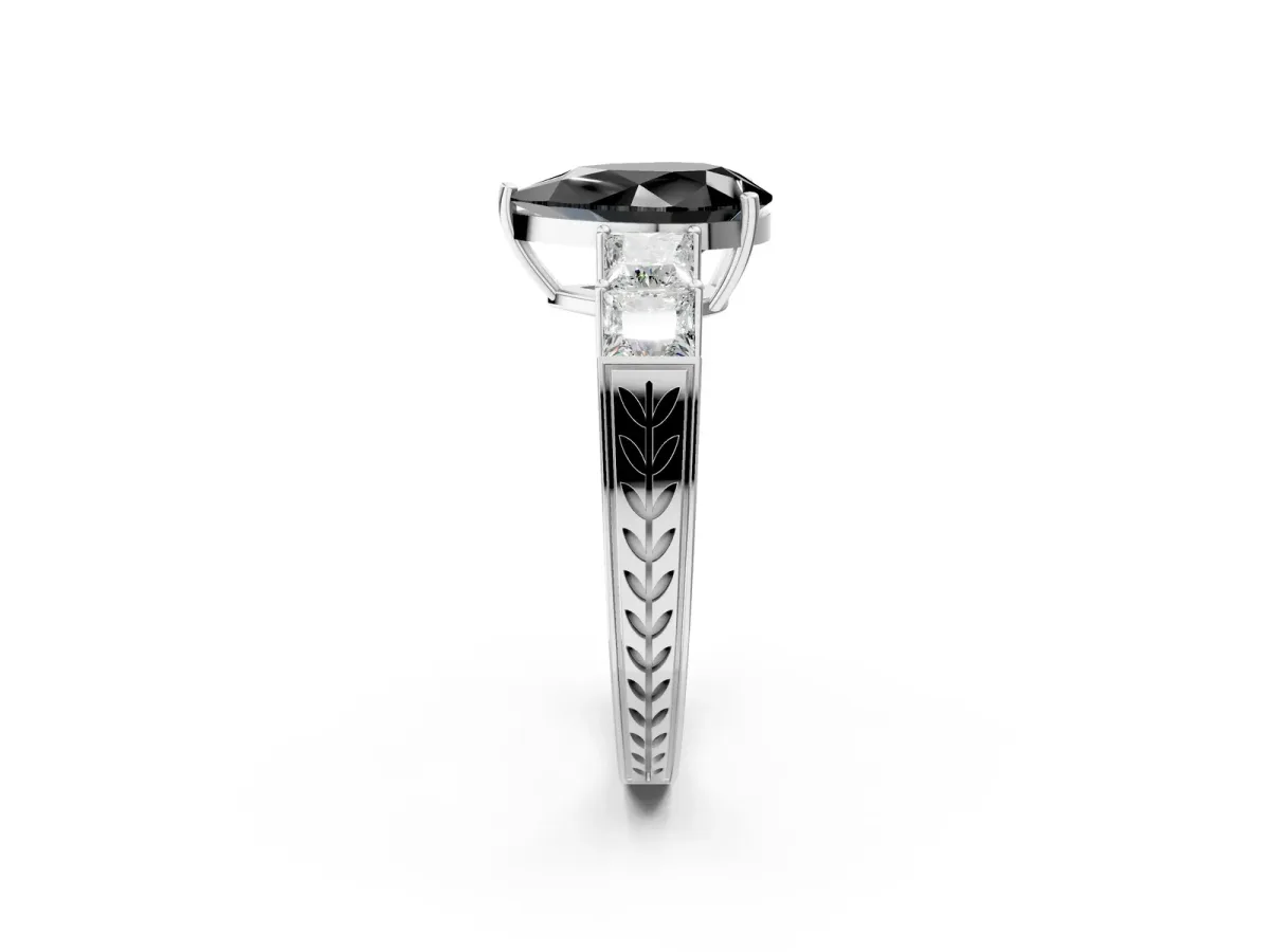 Fancy Black Pear Cut Solitaire Princess Side Stone Engraved Band Prong Setting Ring Silver