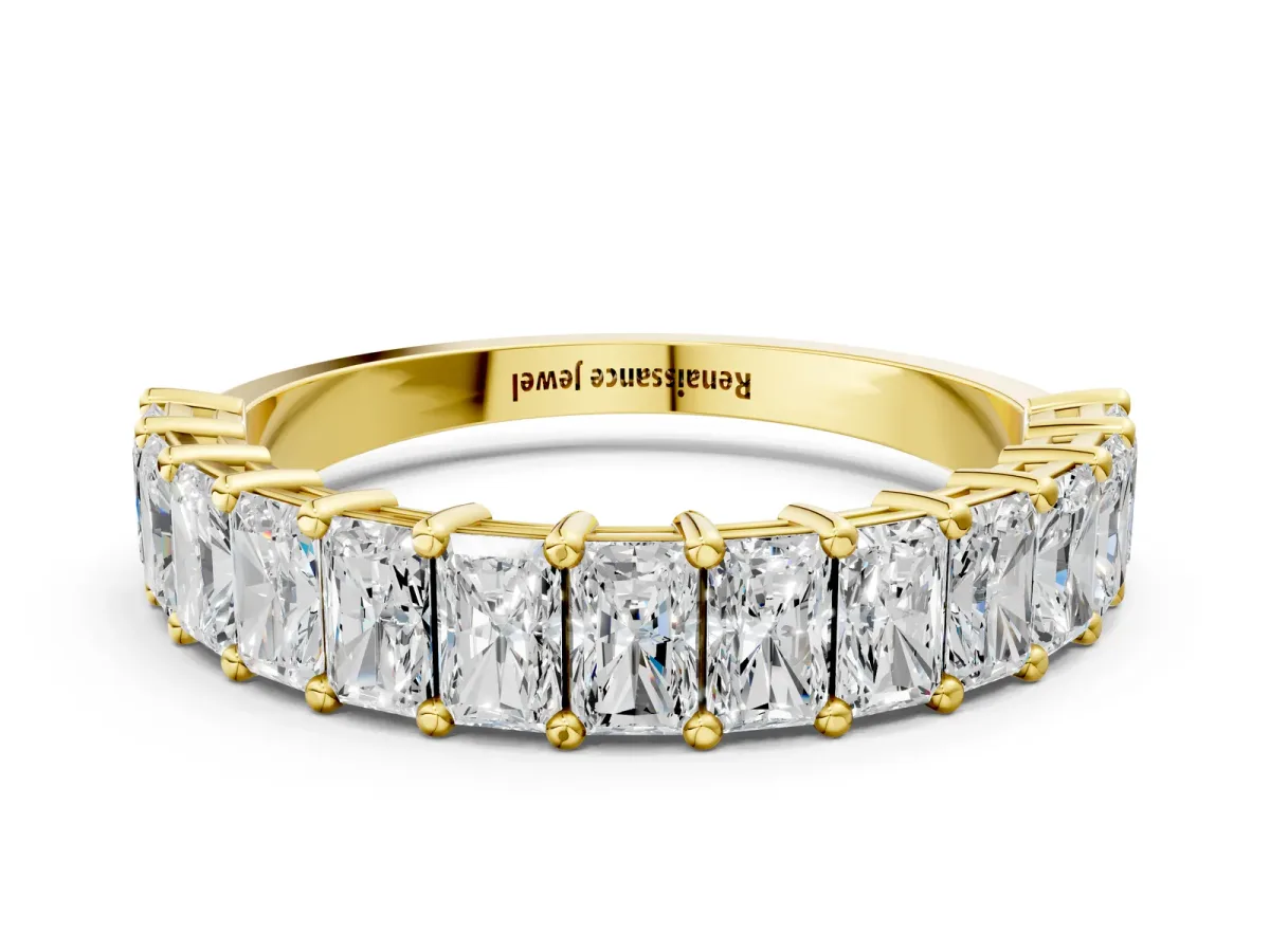 radiant Cut half eternity band with shared prong setting Yellow gold